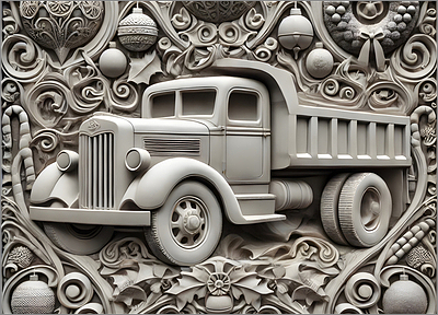 Dump Truck Christmas Card Ornate (Glossy White) 